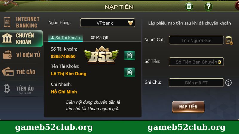 Nạp tiền B52 Club qua tài khoản ngân hàng