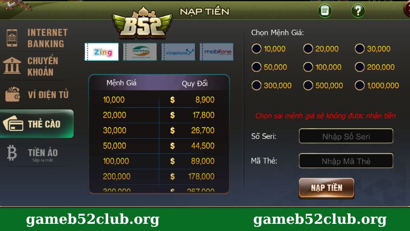 Nạp tiền qua hình thức thẻ cào