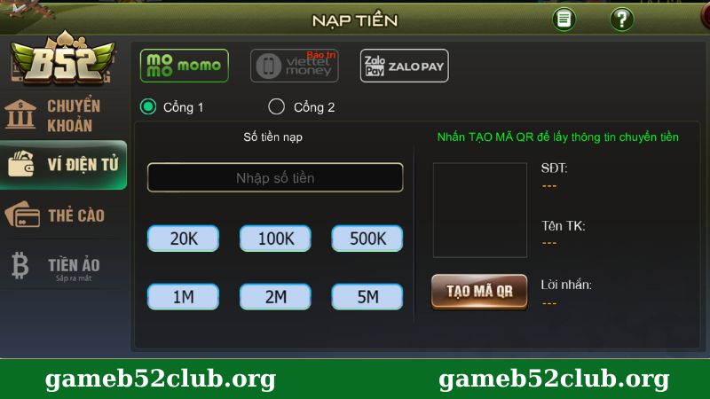 Nạp tiền vào B52Club qua ví điện tử