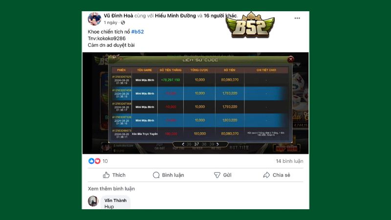 Khoe chiến tích nổ hũ lên fanpage chính thức của B52 Club